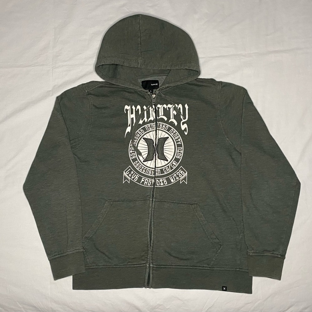 Vintage Hurley Hoodie Mens L Green Logo Full Zip Y2K Skater